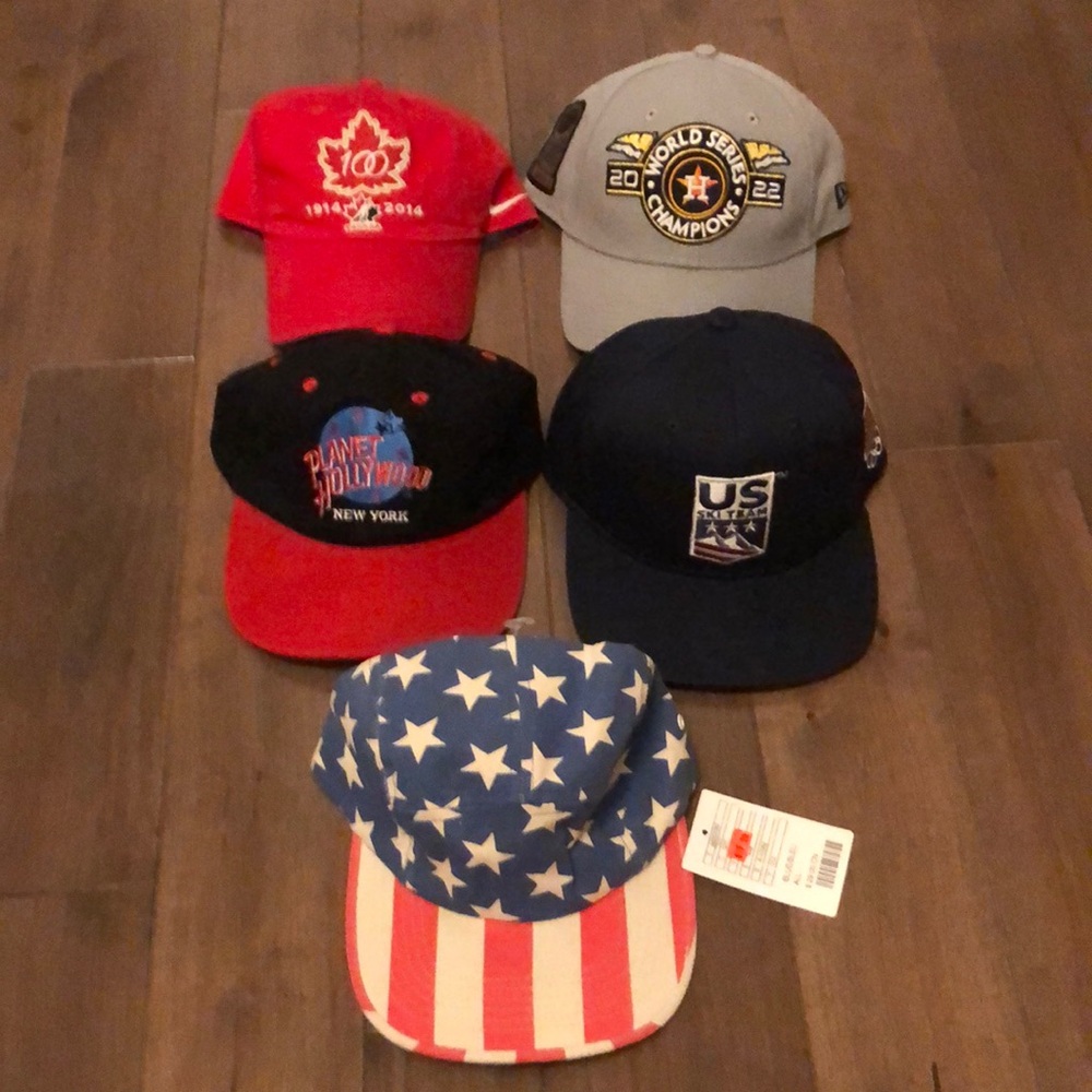 Lot of 6 Adjudtable Hats Caps - Red, Gray, Black, Navy, Stars & Stripes